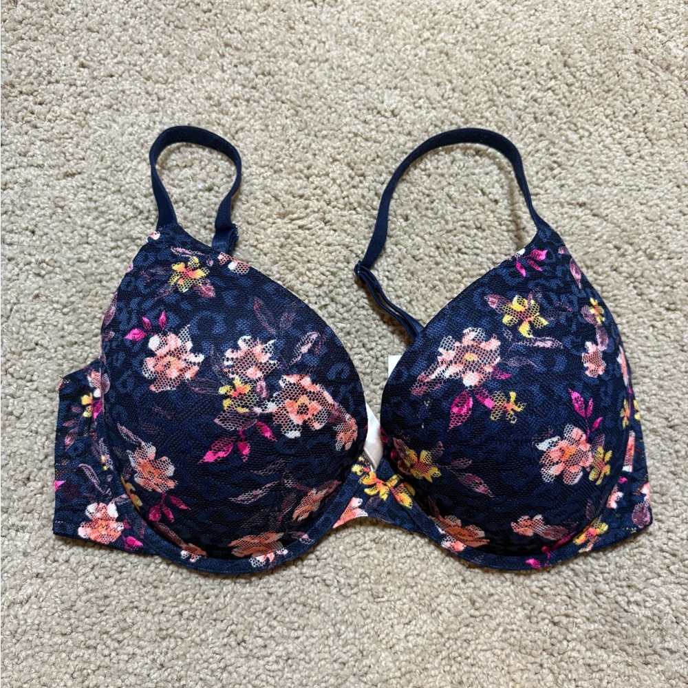 PINK by Victoria's Secret Wear Everywhere Push-Up Bra navy blue floral lace 34D